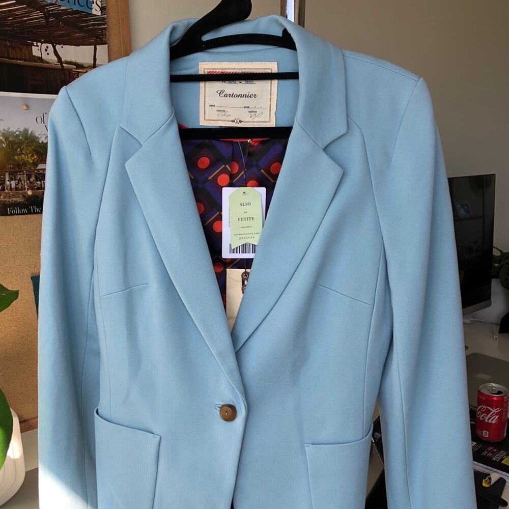 Anthropologie Cartonnier Blazer/ Suit Jacket Petite Sky Blue 1 Button Sz 6 NWT